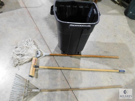 Portable Trash Can and Mop, Brush, and Rake