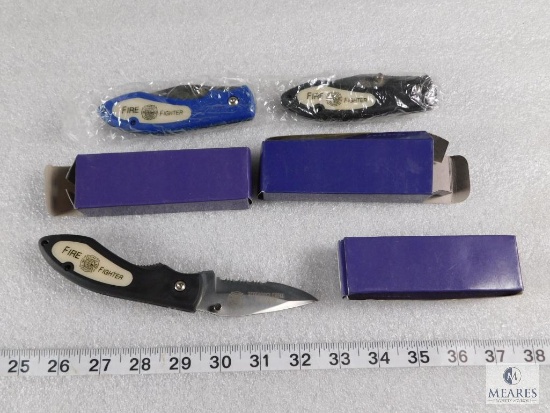 Lot of 3 New Firefighter Pocket Knives with Belt Clip (2 Black, 1 Blue)