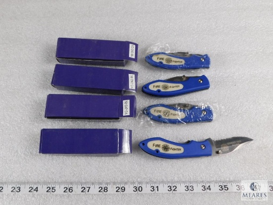 Lot of 4 New Firefighter Pocket Knives with Belt Clip - Blue Handles