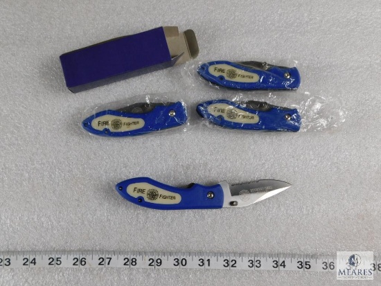 Lot of 4 New Firefighter Pocket Knives with Belt Clip - Blue Handles