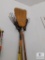 Lot Stanley T-handle Shovel, Broom, and Two Rakes