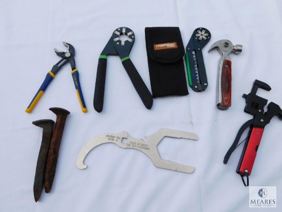 Lot of Two Bionic Wrenches, Hammer Multi Tools, Vise Grip Pliers, and Two Railroad Spikes