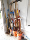 Large Lot of Yard Tools - Shovels, Hoes, Brushes, Pick Axe and More