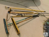 Lot of Yard Tools - Brooms, Gravel Rake, Tree Trimmer, and Light Bulb Changer
