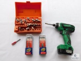 Hitachi 12 Volt Drill, Two New Bosch Router Bits, and Partial Box of Various Router Bits
