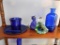 Lot of 5: Cobalt Blue Glass Decorations with a Pair of Green Glass Cats
