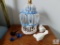 Lot: Wood Decorative Bird Cage with Birds in Glass, Ceramic and Wood