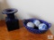 Lot: Blue Cobalt Ceramic Vase & Lace Basket with (3) White & Blue Decorative Balls
