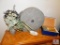 Lot of Hall Table Decorations- Pottery Vase Faux Flowers, Faux Grinding Stone, And Candles