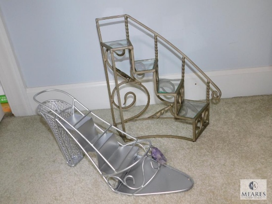 Lot of (2) Tabletop Metal Display Shelves - Stairway & Ladies High-heel Shoe with Amethyst Accent