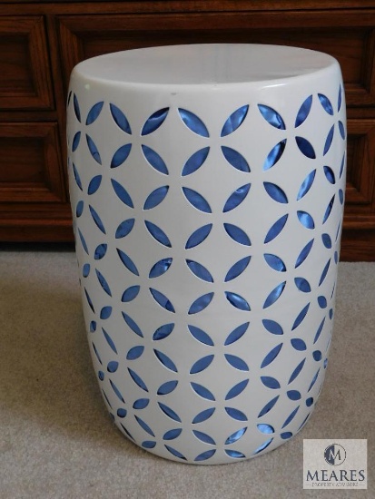 White Metal Accent Table with Blue Fabric Taped Inside