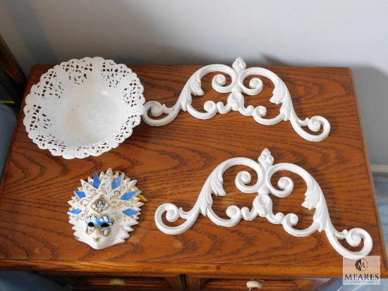 Lot of (2) Cast Iron Scrolls, Decorative Lace Bowl and Ceramic Masquerade Mask