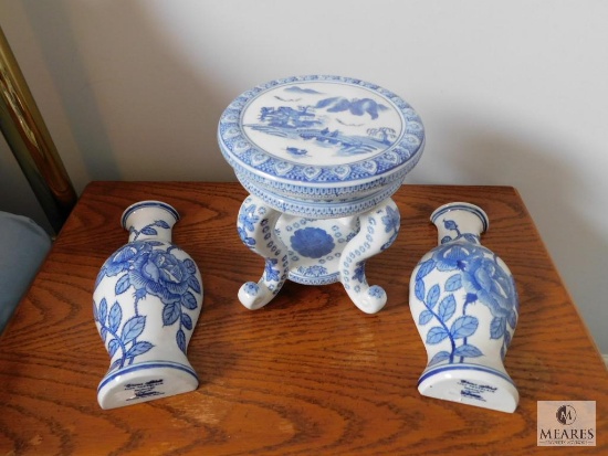 Lot of Blue and White Ceramic Plant Stand and (2) Wall Sconces