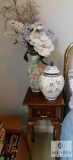 Wood Plant Stand with Drawer and Ceramic Vases