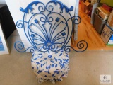Blue and White Tufted Footstool with Wood Legs - includes Blue Iron Wall Sconce