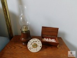 Lot Decorative Quartz Clock, Wood Base Oil Lamp and Wood Trinket Box