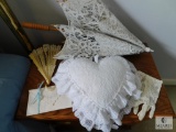 Lot Lace Parasol, Gloves, Heart-Shaped Pillow, Handkerchief and Fan