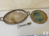 Lot Rogers Silver Plated Tray, Silver on Copper Tray and Tongs