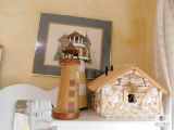 Lot of (2) Wooden Lighthouse Decorations and Handmade Birdhouse with Shells