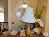 Large Lot of Seashell Decorations, Faux Flowers, Lamp, and Mirror