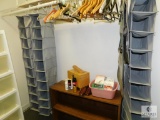 Closet lot - Rubbermaid Storage Drawer Tower, Shoe Cleaning Supplies, Hangers, Bookshelf & Hanging