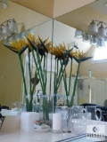 Decorative Bathroom Lot - Glass Vase & Faux Flower, Bulova Clock, Plastic Pitcher, Soap Dishes and