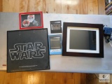 Lot - Digital Picture Frame, Framed Star Wars Album, & 2 Interstellar Film Cells