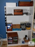 DIY-type White Bookshelf with Assorted Office Supplies & Software CD's