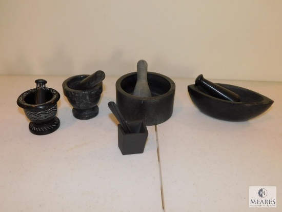 Lot of Five Mortar and Pestle Sets - Black Stone and Porcelain