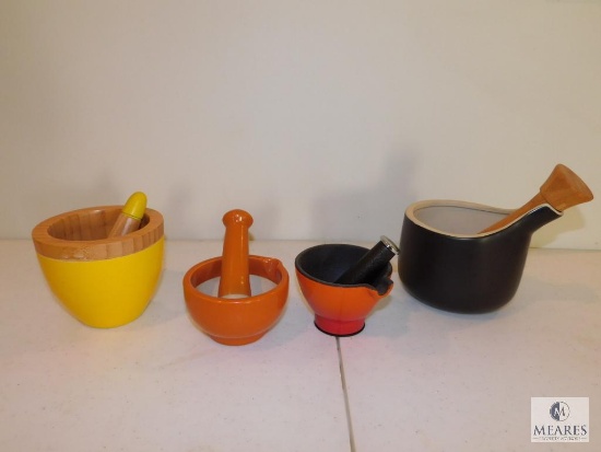 Lot of Four Mortar and Pestle Sets - Cast Iron, Wood and Porcelain
