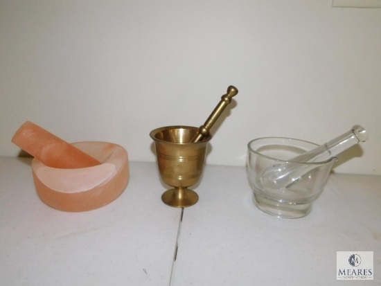 Lot of Three Mortar and Pestle Sets - Glass, Brass and Pink Sea Salt Colored