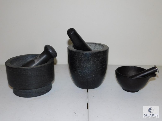 Lot of Three Mortar and Pestle Sets - Two Black stone and One Cast Iron