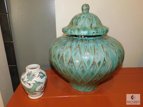 Lot Pottery Barn Floral Vase and Large Teal Pottery Urn