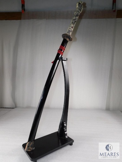 Katana Sword 28" Blade with 12" Dragon Handle - 44" OAL Wood Sheath & Wood Display Rack
