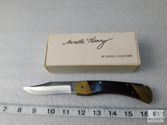 Uncle Henry Schrade USA LB7 Folder Knife Wood Handle Brass Bolsters & Liner