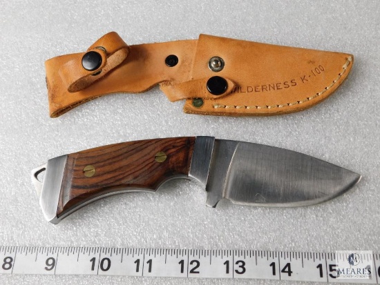 Wilderness K100 Fixed Blade Knife Rosewood Handle 3" Blade 8" OAL with Leather Sheath
