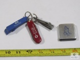 Lot: Keychain Bottle Opener, Swiss Army Type Knife, Nail Clippers and Mini Tape Measure