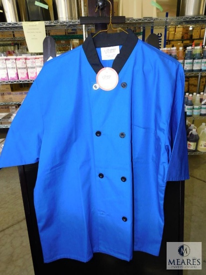 Happy Chef Blue Coat Short Sleeve with Black trim sz Large