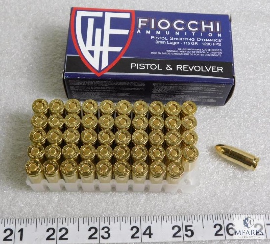 50 rounds Fiocchi 9mm ammunition, 115 grain FMJ 1200 FPS - Hard to Find!