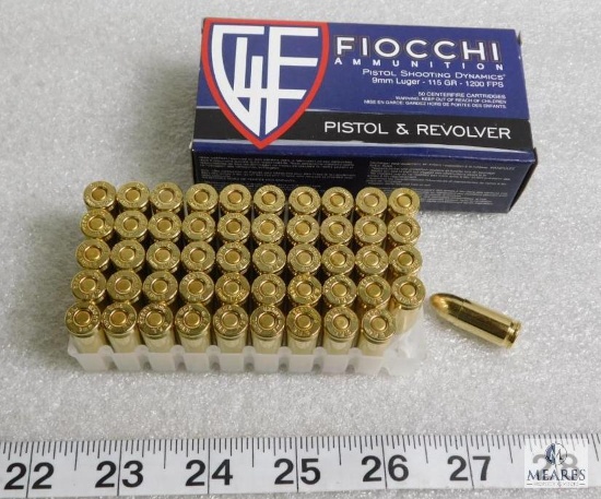 50 rounds Fiocchi 9mm ammunition, 115 grain FMJ 1200 FPS - Hard to Find!