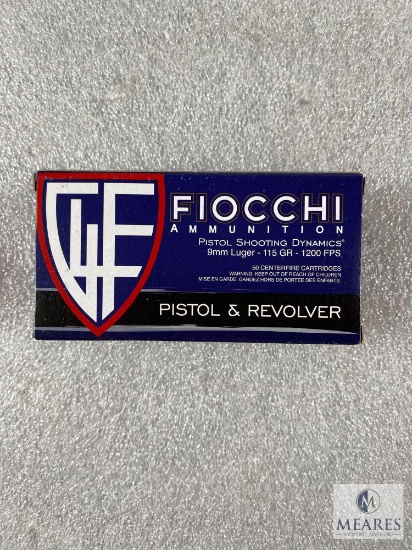 50 Rounds Fiocchi 9mm Ammo. Brass Cased 115 Grain FMJ.