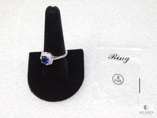 Ladies Ring size 9 S925 Silver band with Clear & Sapphire color rhinestones