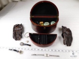 Lot Wood Jewelry Box, Leather Gloves Men's Medium, and assorted Watches for repair