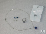 Ladies 4 piece Costume Jewelry Set Silver tone with clear & blue rhinestones