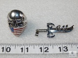Lot Mens Skull Ring size 10 with American Flag Bandana & Dagger Sword Pendant