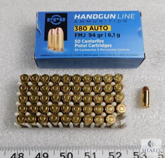 50 rounds Prvi Partizan PPU .380 acp ammo. 94 grain FMJ brass case.