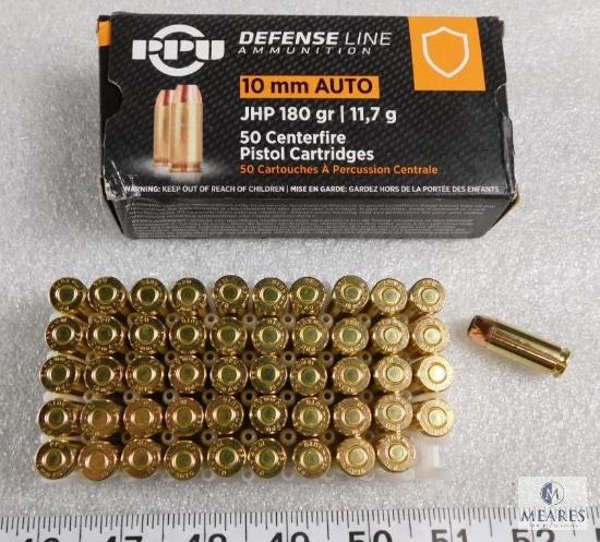 50 rounds Prvi Partizan PPU 10mm defense ammo. 180 grain jacketed hollow point.