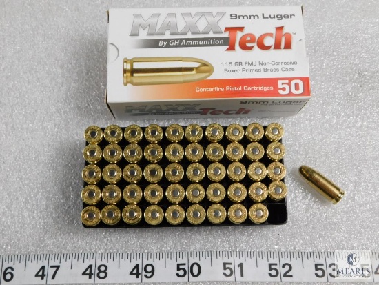 50 rounds Maxx Tech 9mm ammo. 115 grain FMJ brass cased