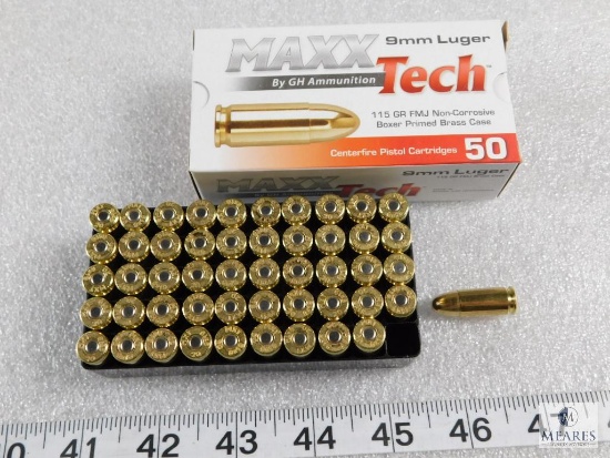 50 rounds Maxx Tech 9mm ammo. 115 grain FMJ brass cased