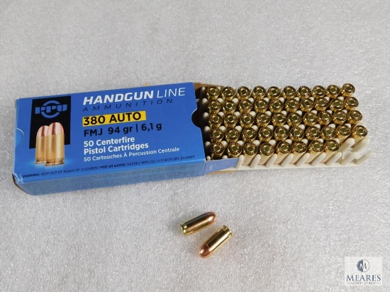 50 Rounds PPU .380 ACP Ammo 94 Grain FMJ Brass Cased - Very hard to find!